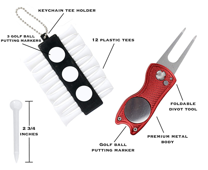 Golf Accessories Gift Set - Golf Towel, Golf Club Brush with Groove Cleaner, Foldable Divot Repair Tool with Ball Marker, Golf Ball Line Marker and Tees with Holder - Golf Club Cleaning Kit
