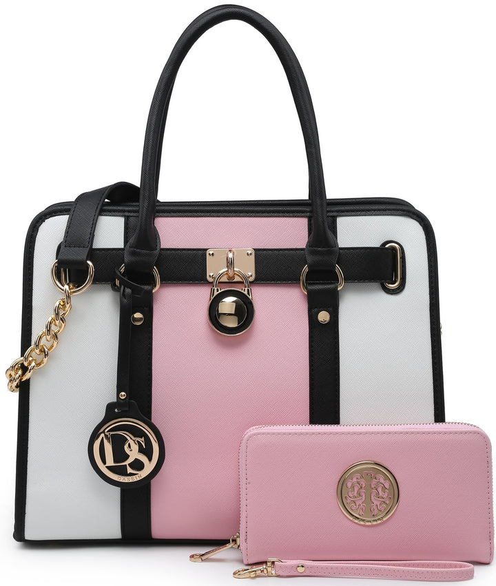 Two Tone Satchel Handbags Purses for Women Vegan Leather Shoulder Bags Large Tote Bag with Matching Wallet/Chain Strap