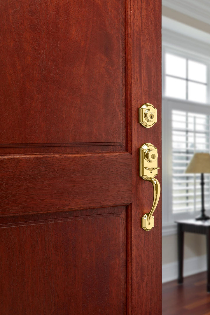 Montara Front Door Lock Handle and Deadbolt Set, Entry Handleset Exterior with Interior Door Knob, Polished Brass, Pick Resistant SmartKey Rekey Deadbolt Security