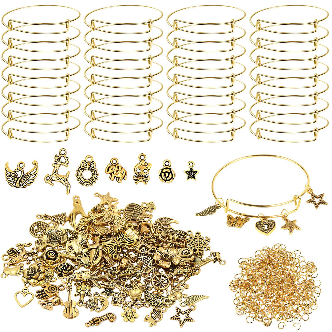 30Pcs gold Expandable Blank Bracelets Adjustable Wire Bangles with 100Pcs Tibetan Silver Charms, 200Pcs Open Jump Rings for Jewelry Making