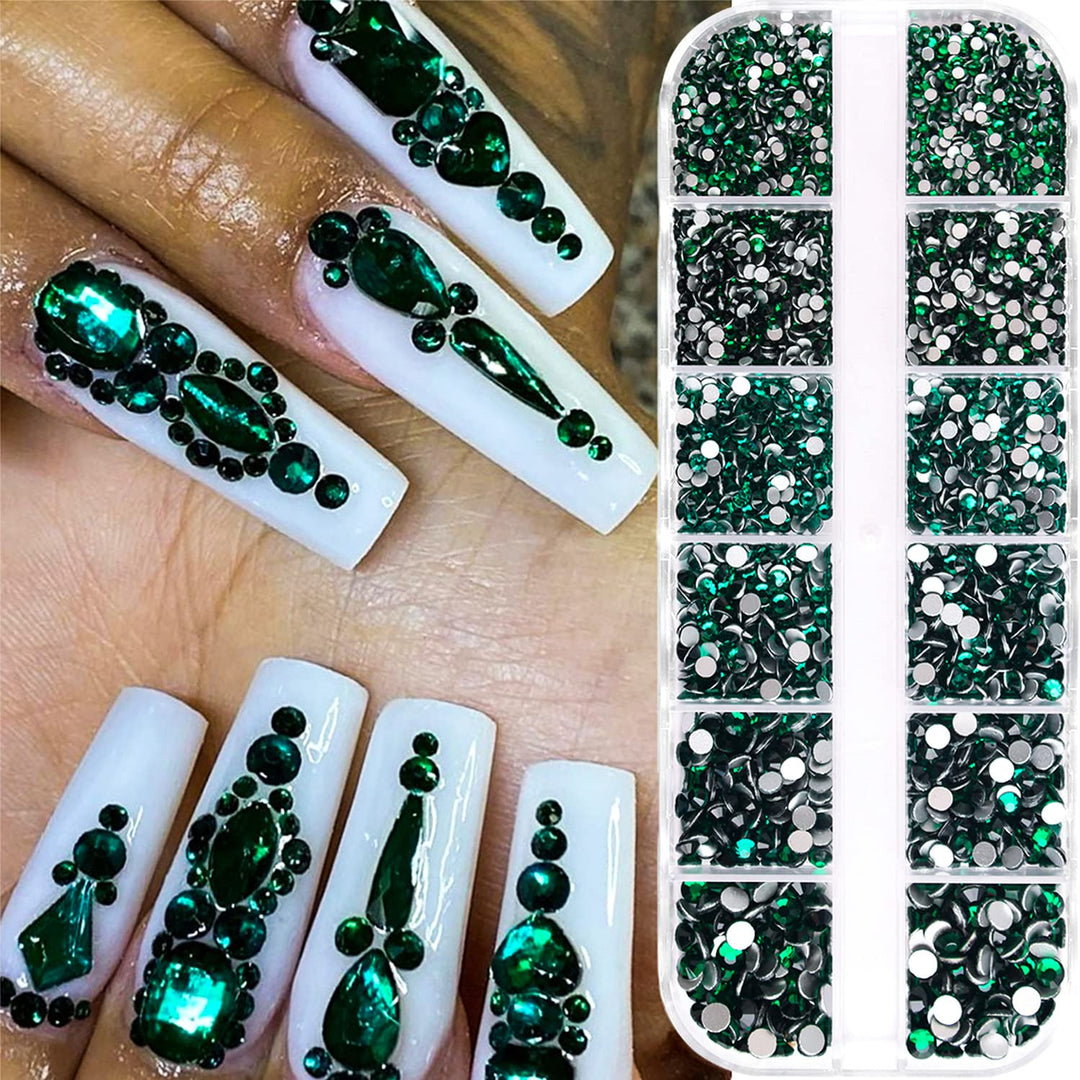 1620pcs Emerald Green Nail Rhinestones Green Crystals Glass Gems Stones Round Beads 6 Sizes (1.5-4mm) Flatback Multi Shapes Sizes With Picking Pen for Nail DIY Crafts Clothes Shoes Jewelry