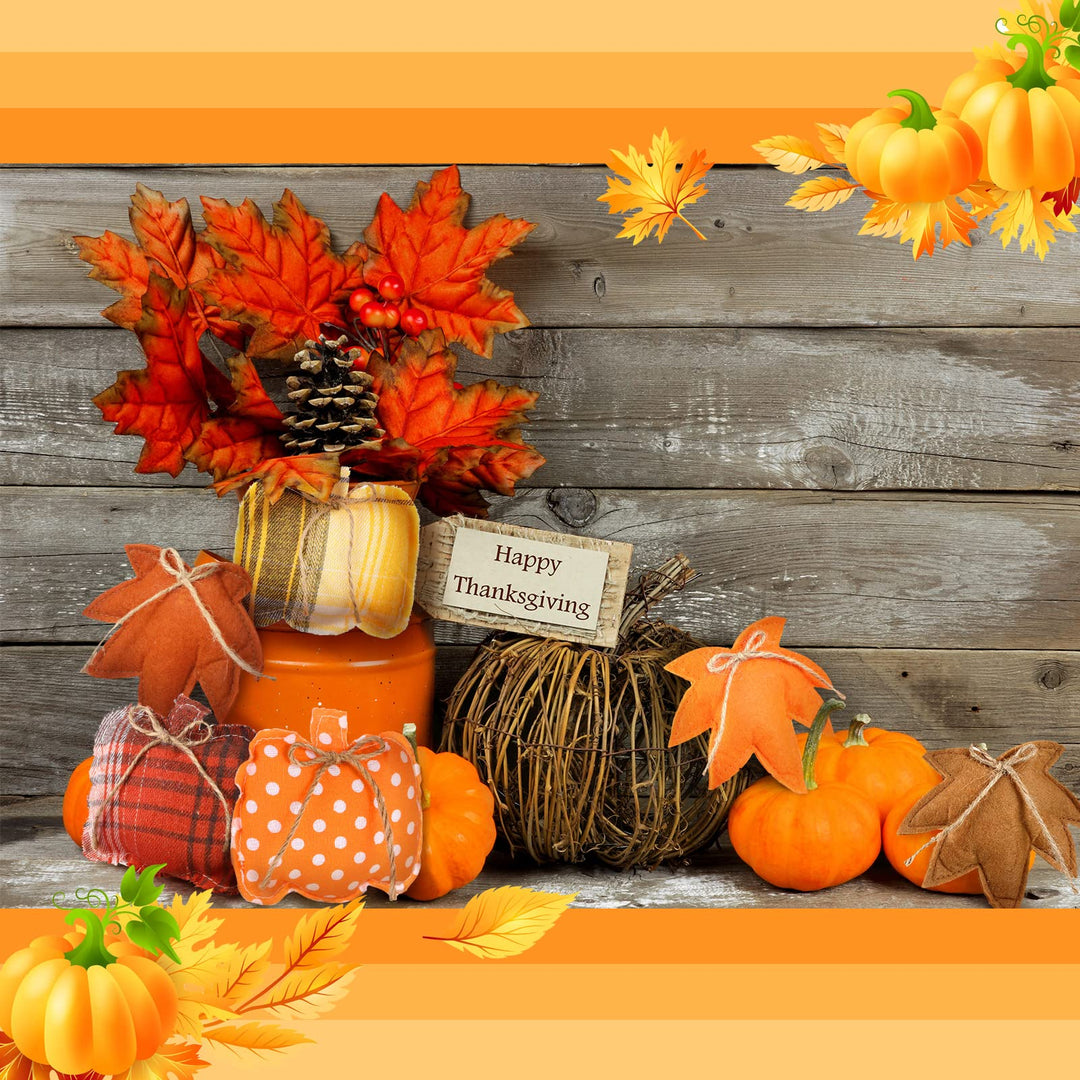 18 Pcs Fall Thanksgiving Ornaments for Tree Pumpkin Maple Leaves Halloween Hanging Decorations Buffalo Plaid Polka Dot Thanksgiving Farmhouse Fabric Ornaments for Harvest Autumn Decor (Plaid Style)