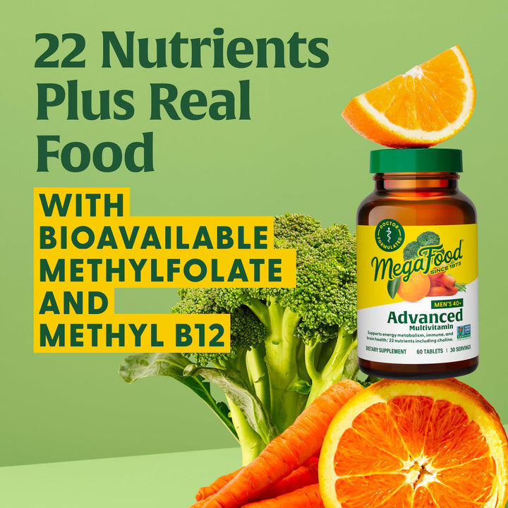 Men's 40+ Advanced Multivitamin for Men - Dr-Formulated - Choline, Vitamin B, Vitamin C, Vitamin D, Zinc & Real Food - Brain Health, Immune Support - Vegetarian - 60 Tabs (30 Servings)