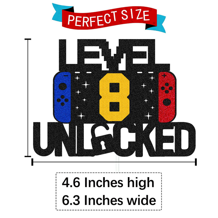 Level 8th Unlocked Sign Cake Topper Happy 8th Birthday Level Up Tenth Cake Decorations for Video Game Controller Themed Boy Girl Bday Party Supplies Double Sided