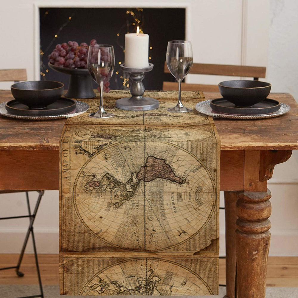 , 13 x 36 In Table Runner CottonPolyester Blend, Vintage Retro Nautical Map of World Table Runner, 1 Pack, 20210609CXMRUNNERSLSZ00516ZQDHDLG