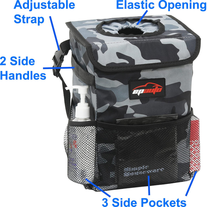 Waterproof Car Trash Can with Lid and Storage Pockets, Camouflage Grey