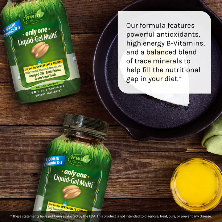 Only One Liquid-Gel Multi - 60 Liquid Softgels - No Iron Daily Essential Vitamins, Minerals, Antioxidants, Omega-3 & Green Super Foods