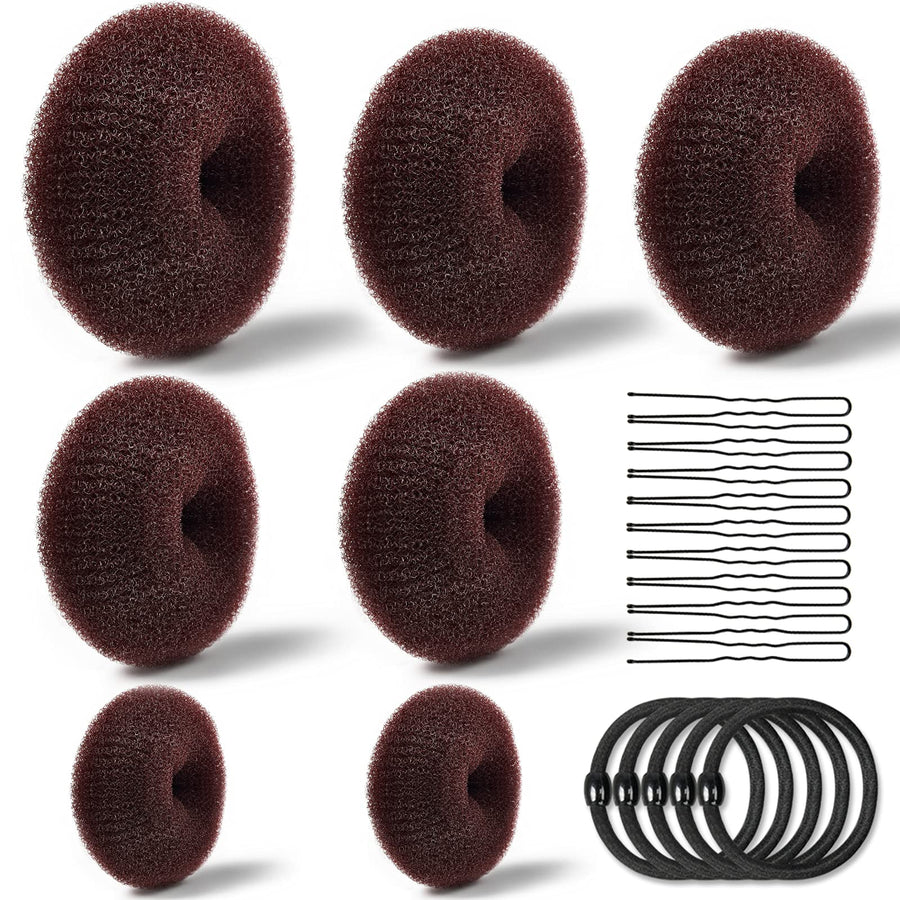 7Pcs Dark Brown: Donut Hair Bun Maker, Tsmaddts Hair Ring Style Bun Maker Set With Hair Bun Makers (1 Extra-Large, 2 Large, 2 Medium And 2 Small), 5 Pieces Hair Elastic Bands, 20