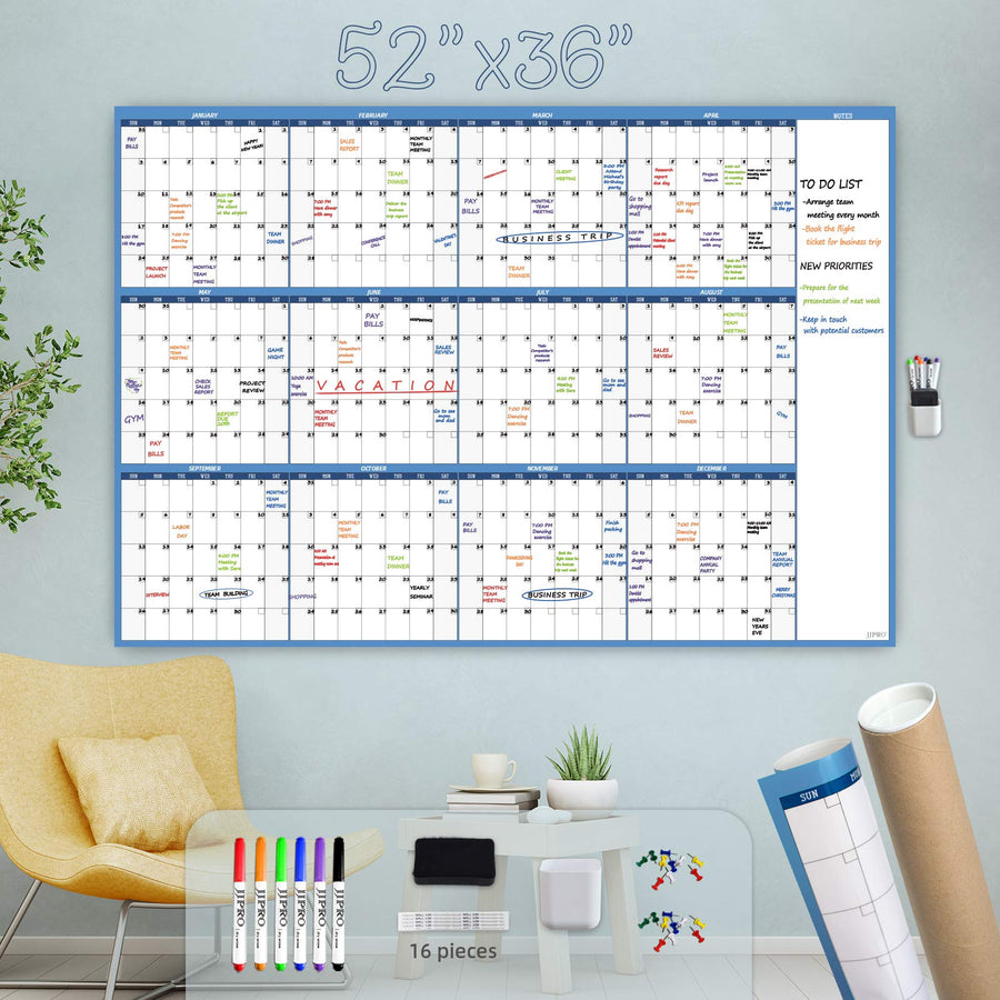 Large Dry Erase Wall Calendar - 52x36 - Blank Undated Yearly Calendar - Whiteboard Premium Laminated Planner - Reusable Laminated Office Jumbo 12 Months Calendar