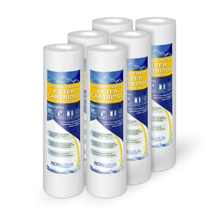 20 Micron Sediment Water Filter Cartridge 10x 2.5, Four Layers of Filtration, Removes Sand, Dirt, Silt, Rust, Made from Polypropylene for any RO Units or Whole House Water Filtration Systems 6 Pack