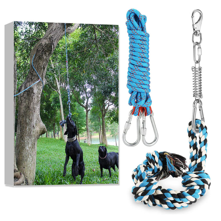 Spring Pole Dog Rope Toys with a Big Spring Pole Kit, Strong Dog Rope Toy and a 16ft Rope for Pitbull & Medium to Large Dogs Outdoor Hanging Exercise Rope Pull & Tug of War Toy-Muscle Builder