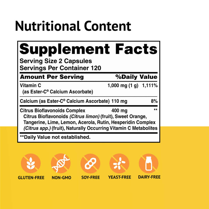 500 mg with Citrus Bioflavonoids Capsules Gentle On Stomach NonAcidic Vitamin C NonGMO Gluten Free 120 Servings, Ester-C, 240 Count