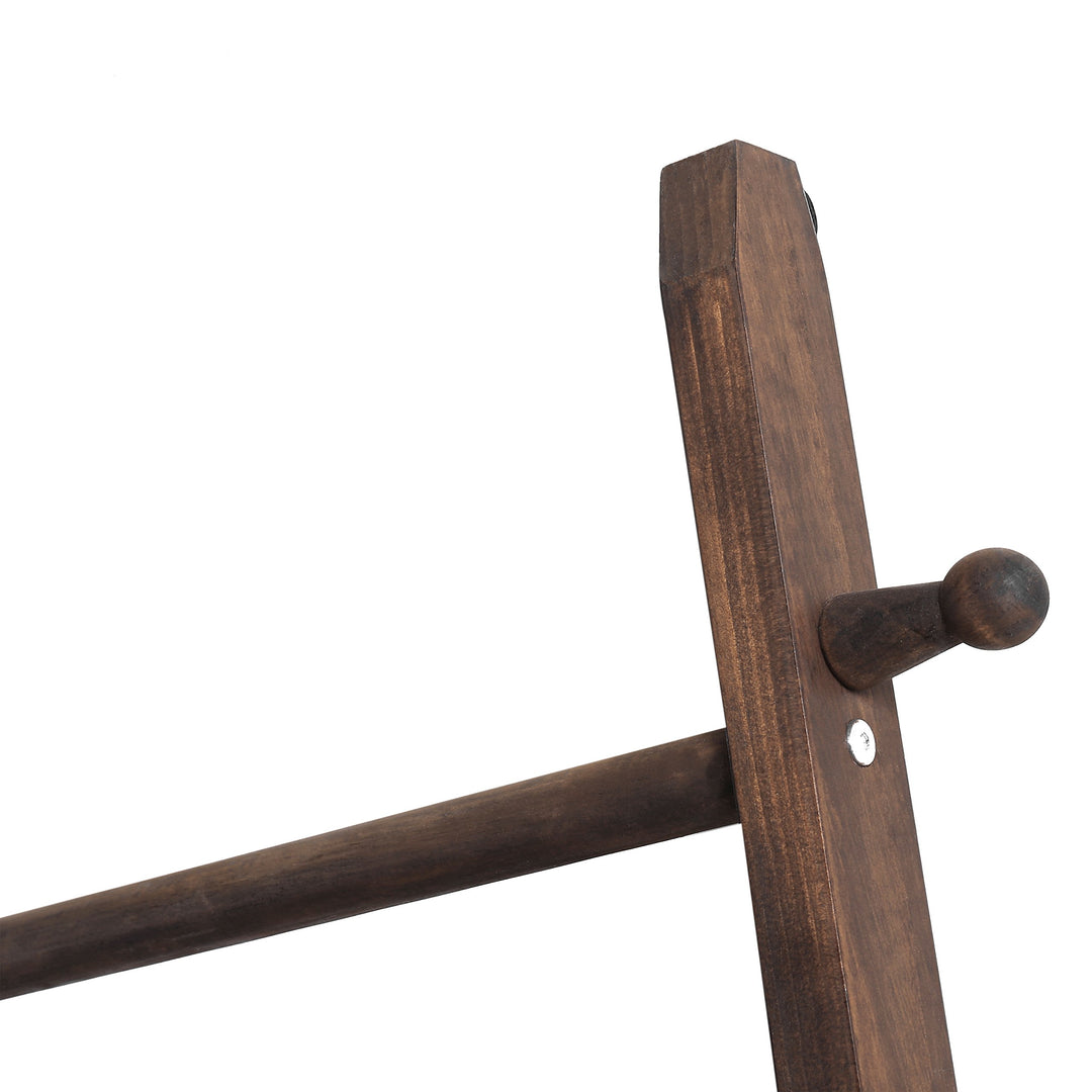 63 Inch Wooden Blanket Ladder, Dark Brown Quilt Towel Holder Rack, Wall Leaning 4 Rungs and 6 Pegged Hooks Farmhouse Decorative Furniture