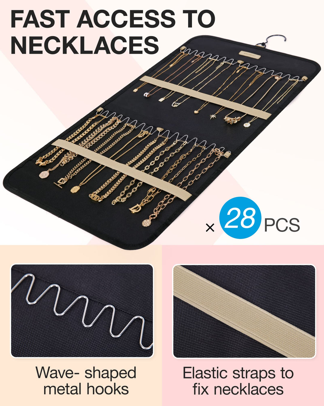Hanging Jewelry Organizer Storage Roll with Hanger Metal Hooks Double-Sided Jewelry Holder for Earrings, Necklaces, Rings on Closet, Wall, Door, 1 piece, Medium, Black
