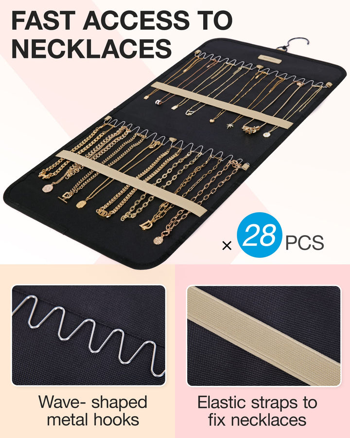 Hanging Jewelry Organizer Storage Roll with Hanger Metal Hooks Double-Sided Jewelry Holder for Earrings, Necklaces, Rings on Closet, Wall, Door, 1 piece, Medium, Black