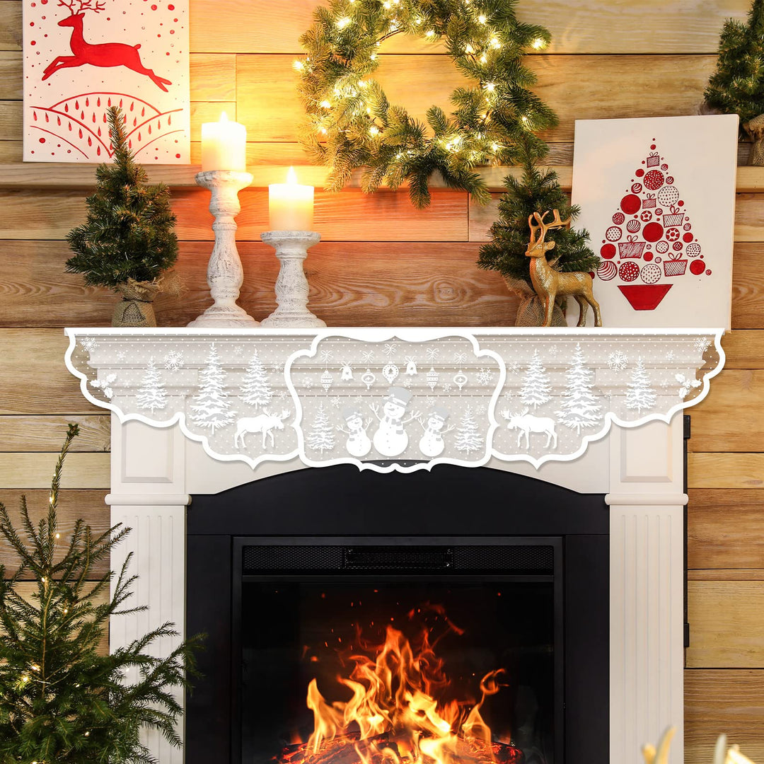 Christmas Fireplace Scarf 20 x 90 Inch Fireplace Cloth White Snowman Christmas Tree Decoration Lace Mantel Cover Runner for Christmas Holiday Home Living Room Decor