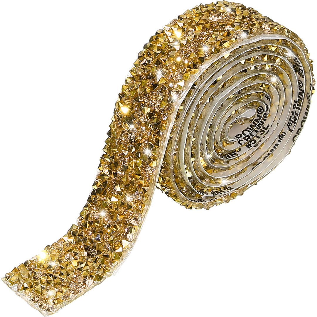 Bling Crystal Rhinestone Ribbon, DIY Self-Adhesive Rhinestone Sticker Ribbon for Wedding Cakes Birthday Crafts Decorations(Gold,0.6 Inch Wide)