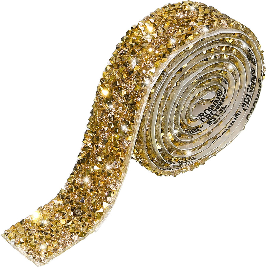 Bling Crystal Rhinestone Ribbon, DIY Self-Adhesive Rhinestone Sticker Ribbon for Wedding Cakes Birthday Crafts Decorations(Gold,0.6 Inch Wide)