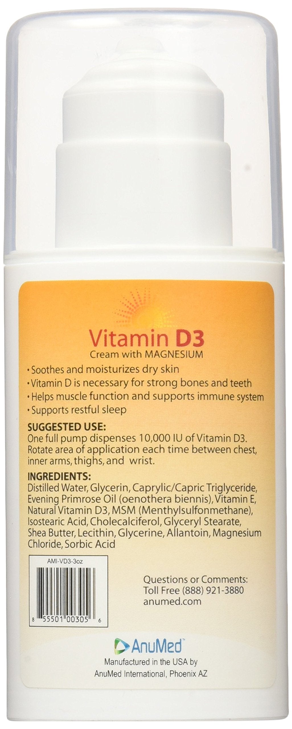 ANUMED - Vitamin D3 10,000 IU Cream with Magnesium + Hyaluronic Acid + Vitamin E for Beautiful and Healthy Skin Care. Promotes Stronger Bones, Muscles, Joints, Heart, Immune System, Non-Greasy (3oz)