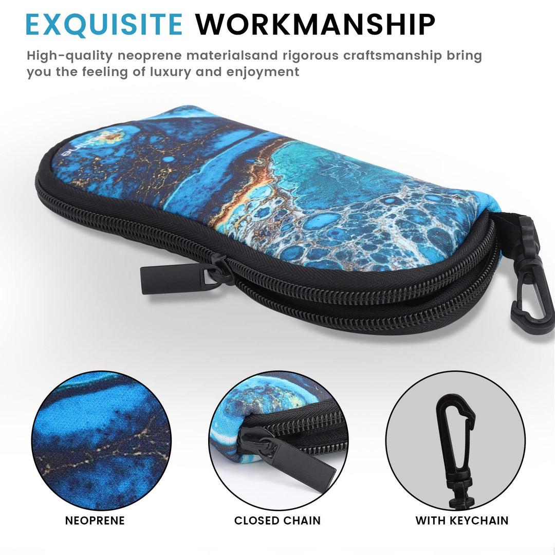 2 Pieces Soft Sunglasses Case,Neoprene Zipper Glasses Pouch,Portable Eyeglasses Bag with Hook for Women Men (Blue&Cyan)