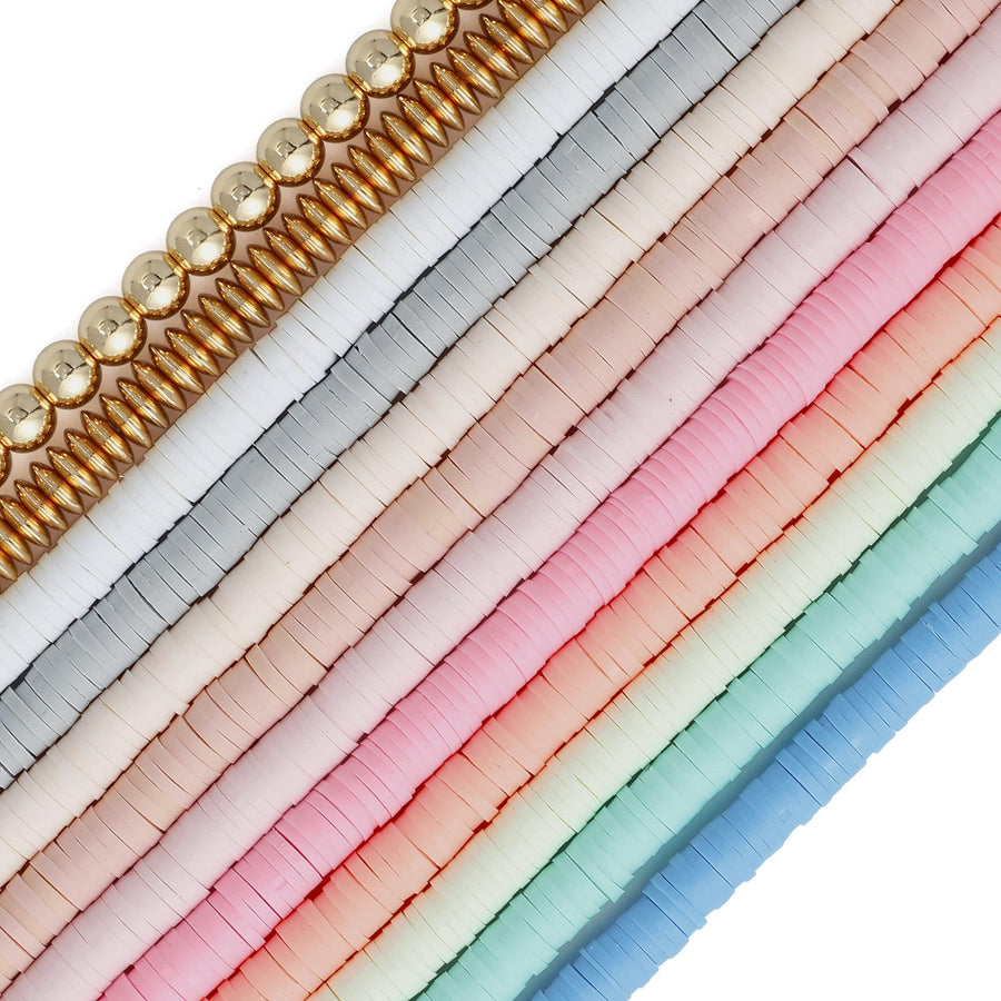 6mm 10 Strands Clay Beads Kit Vinyl Flat Handmade Polymer Clay Beads with 2 Strands Alloy Beads Spacer for Jewelry Making Necklace Bracelet Earrings Finding (CB-001-mix 1)