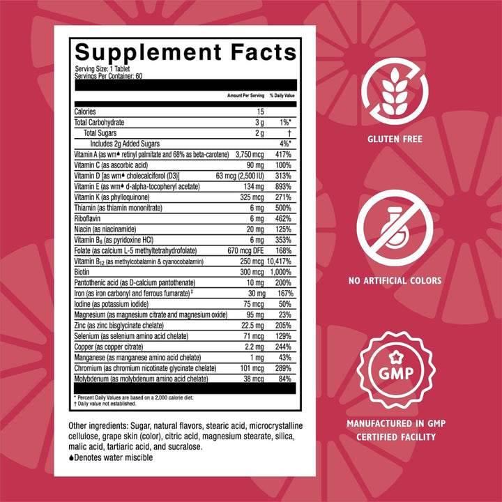 Celebrate Vitamins Multi ADEK Chewables, 60mg Iron - Daily Bariatric Multivitamin, Vitamins A, D, E, K & B12 for Duodenal Switch Surgery Patients - Grape (60 Tablets)