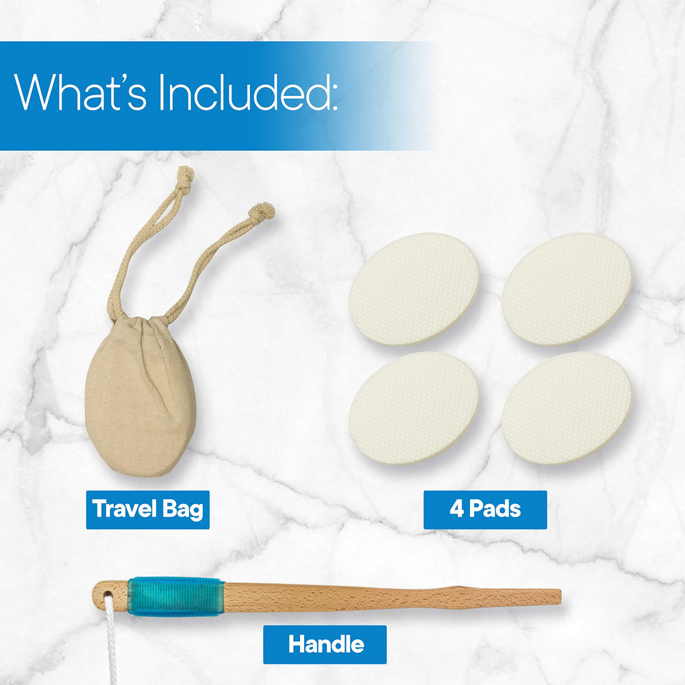 17.5 Long Lotion Applicator with 4 Pads - Long Handle for Easy Reach and Self Application of Body Wash - Shower Brush for Both Men and Women (Travel Bag Included)