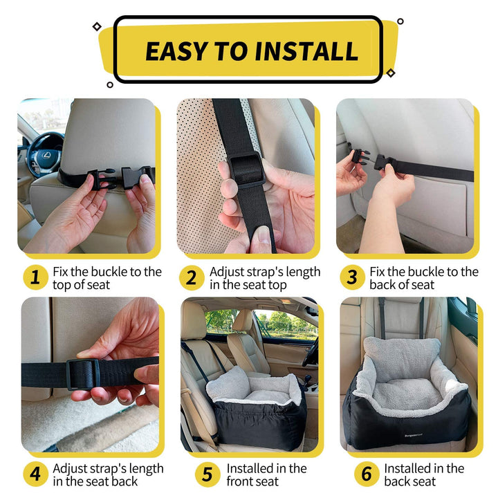 Dog Car Seat for Small Dogs, Fully Detachable and Washable Cat Carseats Under 25 lbs, Soft Pet Booster Seats with Storage Pockets and Clip-On Leash Portable Car Travel Carrier Bed, Black