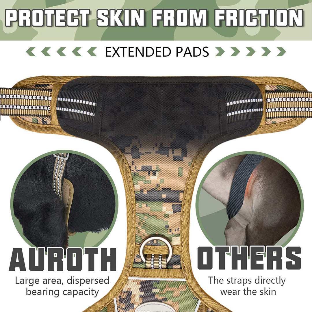 Auroth Tactical Dog Harness for Large Dogs No Pull Adjustable Pet Harness Reflective K9 Working Training Easy Control Pet Vest Military Service Dog Harnesses Woodland Camo XL