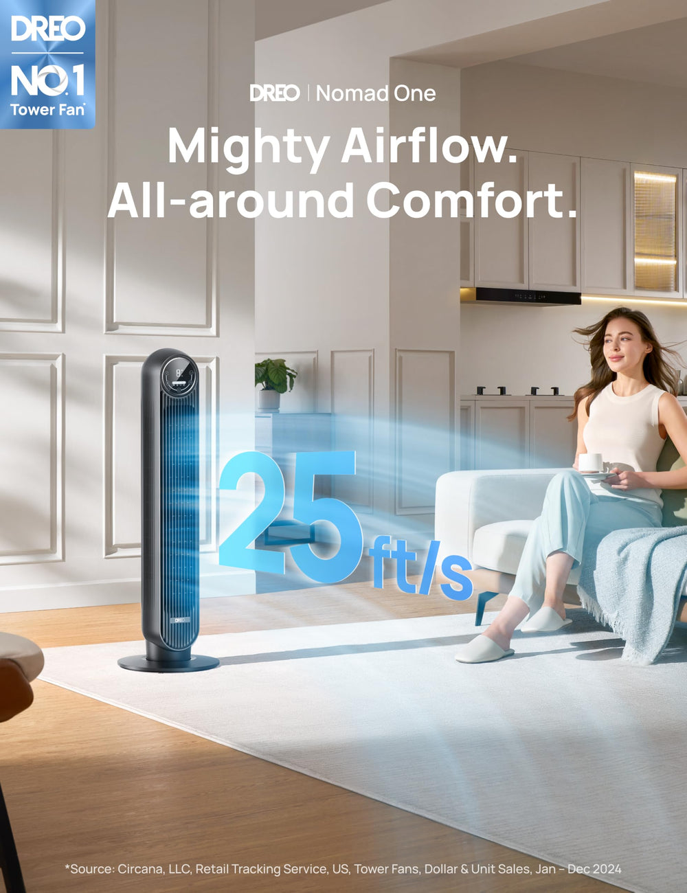 Tower Fan for Bedroom, 25ft/s Velocity 28dB Quiet Floor Fan, 90° Oscillating Fans for Indoors with 4 Speeds, 4 Modes, 8H Timer, Bladeless Standing Fan, Black, Nomad One (DR-HTF007)