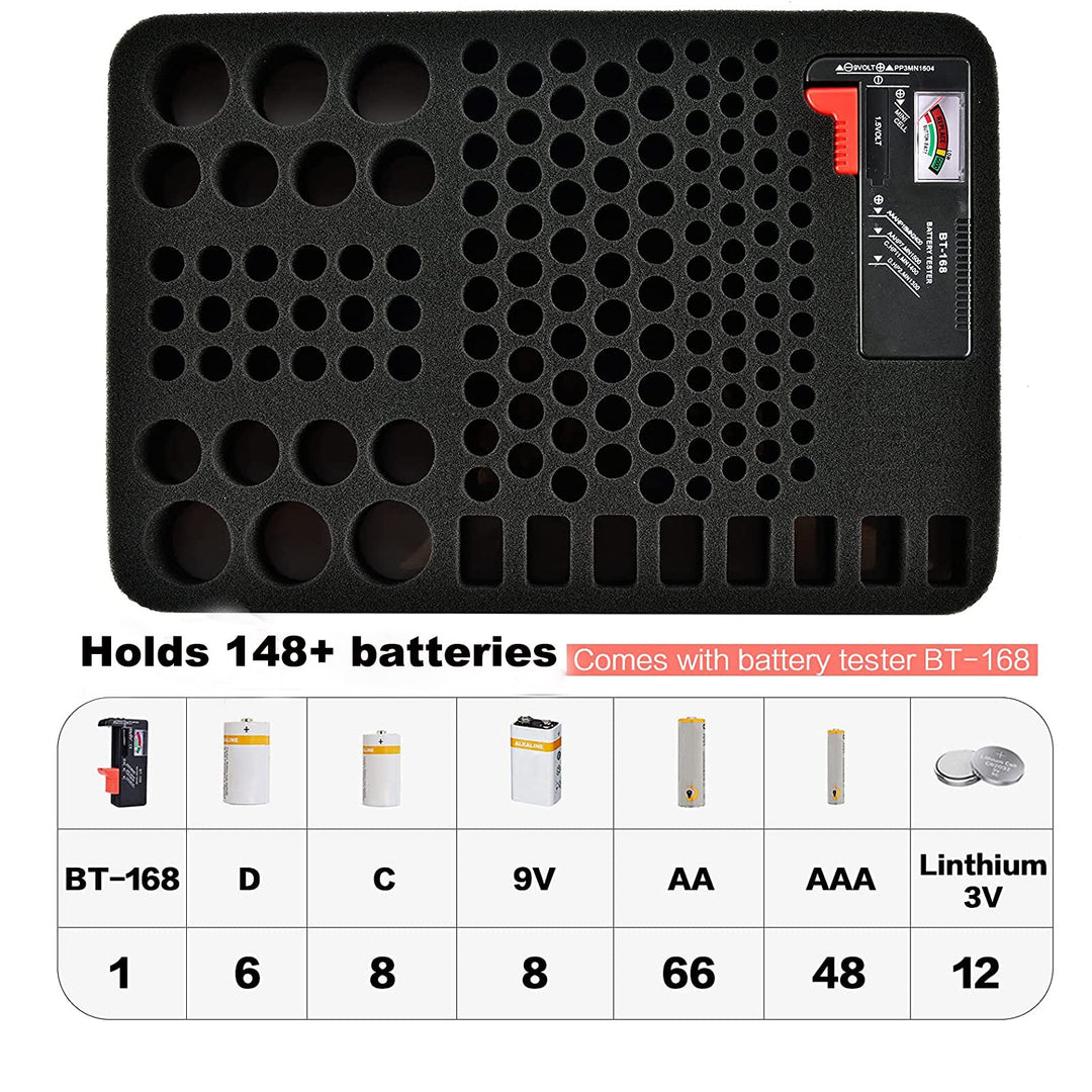 Hard Battery Organizer Storage Box, Carrying Case Bag Holder - Holds 148 Batteries AA AAA C D 9V - with Battery Tester BT-168 (Batteries are Not Included)