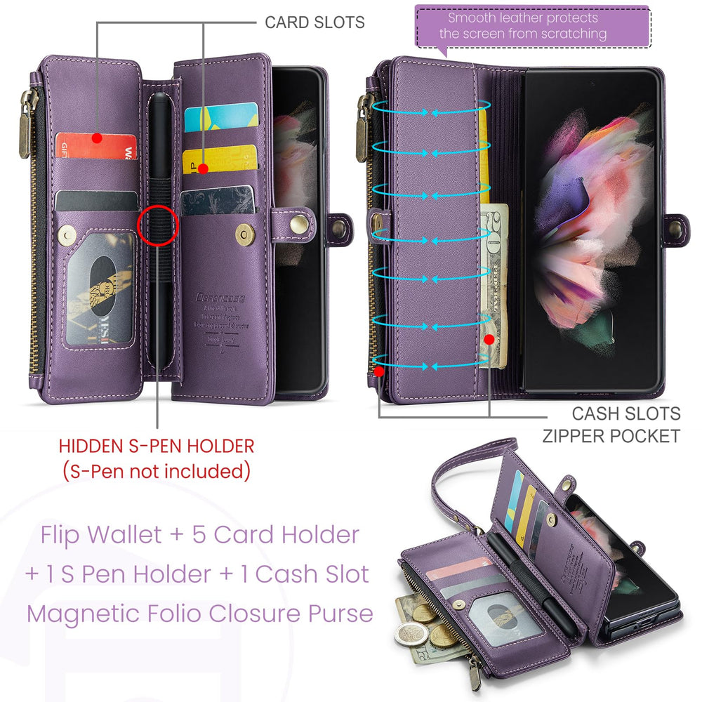 Compatible with Samsung Galaxy Z Fold 3 Case Wallet with Card Holder for Women, Fashion PU Leather Magnetic Snap Flip Zipper Strap Phone Case Fit for Galaxy Z Fold 3, Black