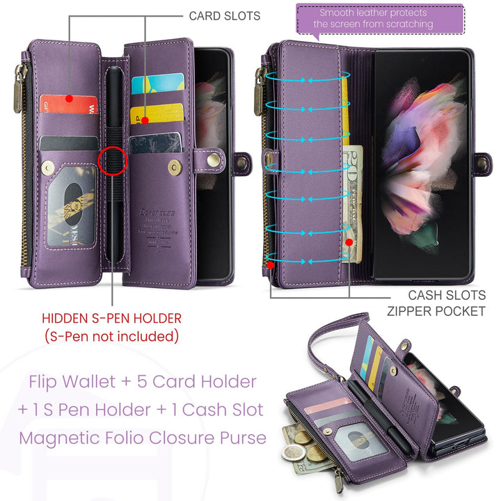 Compatible with Samsung Galaxy Z Fold 3 Case Wallet with Card Holder for Women, Fashion PU Leather Magnetic Snap Flip Zipper Strap Phone Case Fit for Galaxy Z Fold 3, Black