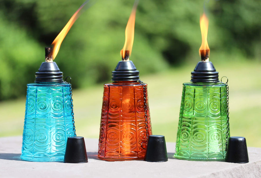 Citronella Table Top Torches for Outdoor Patio, 16oz Decorative Glass Torch Citronella Oil Candles for Outside Deck, Garden, Parties, Set of 3, Blue/Amber/Green