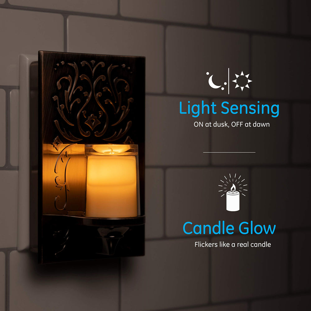 LED CandleLite Night Light, Plug-In, Dusk to Dawn Sensor, Flameless Candle, Sunset Light, Home Decor, LED Lights for Bedroom, Bathroom, Kitchen, Oil-Rubbed Bronze, 11258