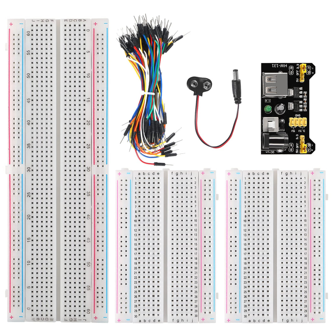 Breadboard Jumper Wire Kit with Power Supply Module and Battery Clip,1PCS 830 tie-Points Breadboard & 2PCS 400 tie-Points Breadboard & 65PCS Breadboard Jumper Wires(12/16/20/25cm)