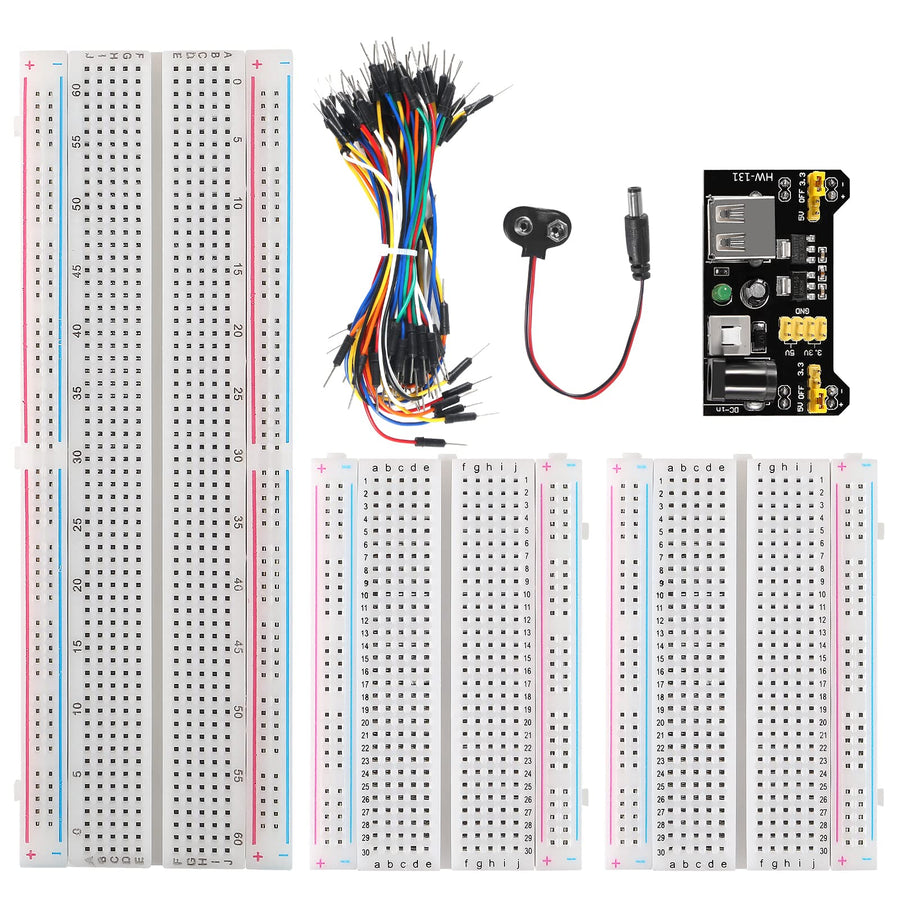Breadboard Jumper Wire Kit with Power Supply Module and Battery Clip,1PCS 830 tie-Points Breadboard & 2PCS 400 tie-Points Breadboard & 65PCS Breadboard Jumper Wires(12/16/20/25cm)