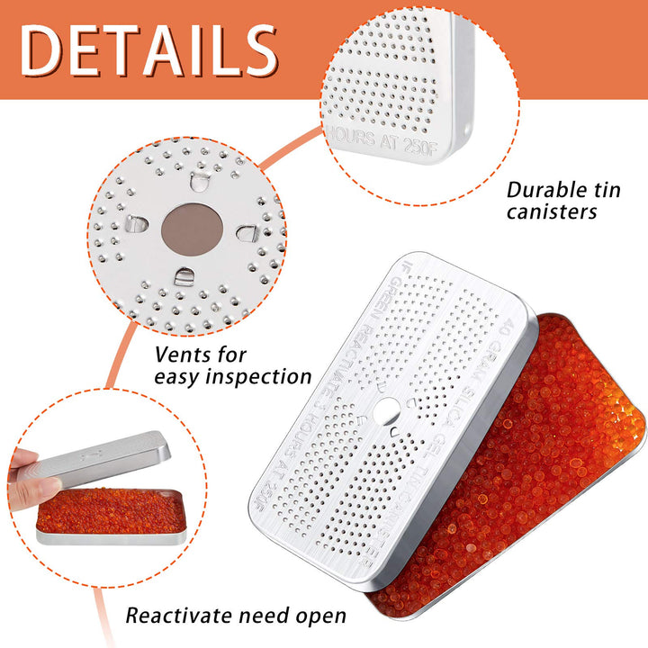40 Gram Silica Gel Dehumidifier Desiccant Silica Gel Canister Reusable Absorber Orange Desiccant Canisters, Orange Green Bead Tin for Car, Closet, Cabinet, Bag, Storage Box (5 Pieces)