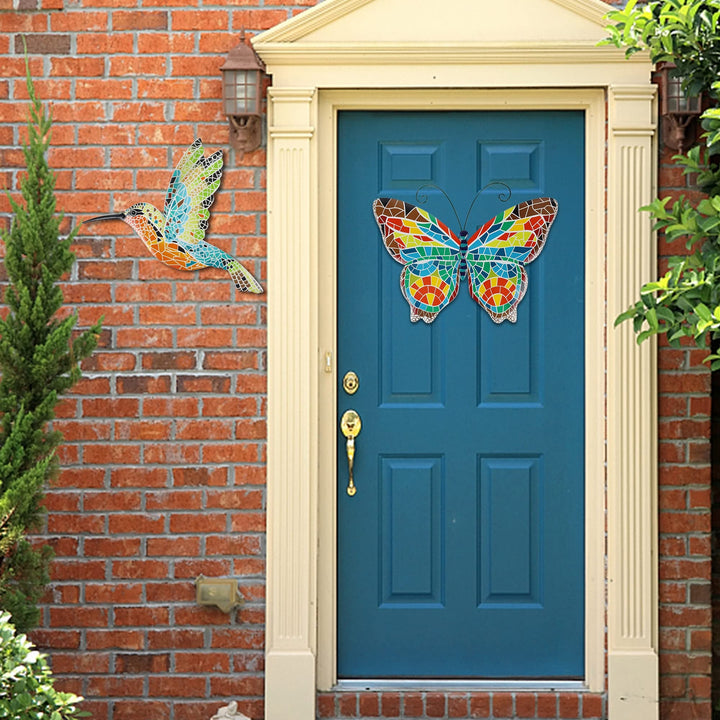 16 Inch Large Wall Decor, Set of 2 Butterfly Hummingbird Metal Wall Art, Bird Wall Sculpture Hanging Decorations, Perfect for Garden Yard Fence Home Kitchen Bedroom Outdoor Indoor