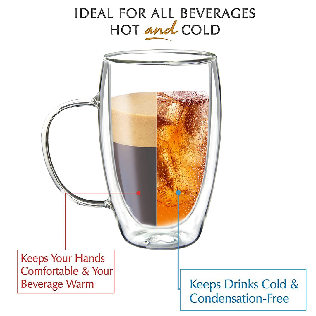 2 Pack Glass Coffee Cups, Double Wall Thermo Insulated Coffee Cups, Glass Coffee Mugs (15 Ounce)