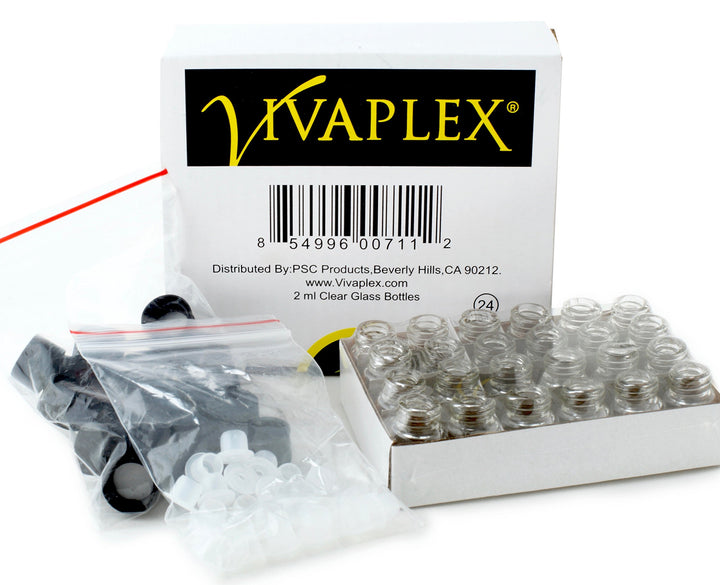 , 24, Clear, 2 ml (5/8 Dram) Glass Bottles, with Orifice Reducers and Black Caps