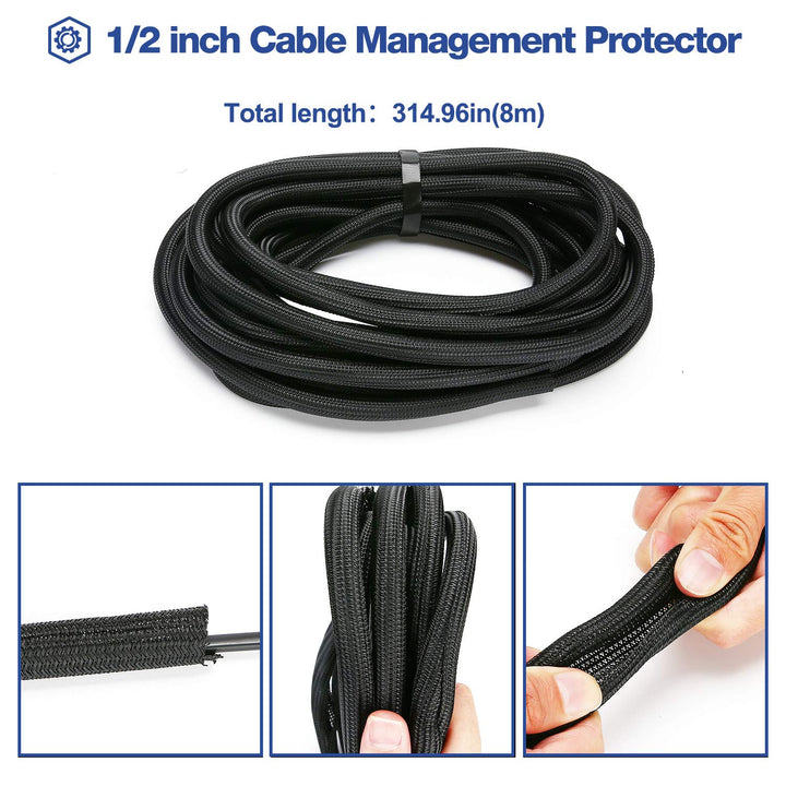 26ft - 1/2 inch Cord Protector Wire Loom Tubing Cable Sleeve, Braided Cable Sleeve Split Sleeving Cord Management System for TV Computer Home Theater Office, Protect Pet From Chewing Cords –Black