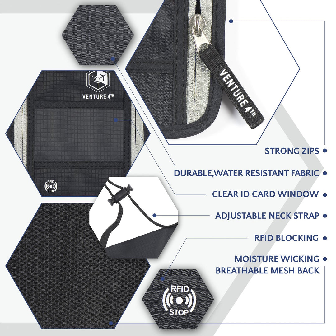 Passport Holder Neck Wallet with RFID Blocking Nylon Lining - Hidden Neck Pouch for Travel (Black)