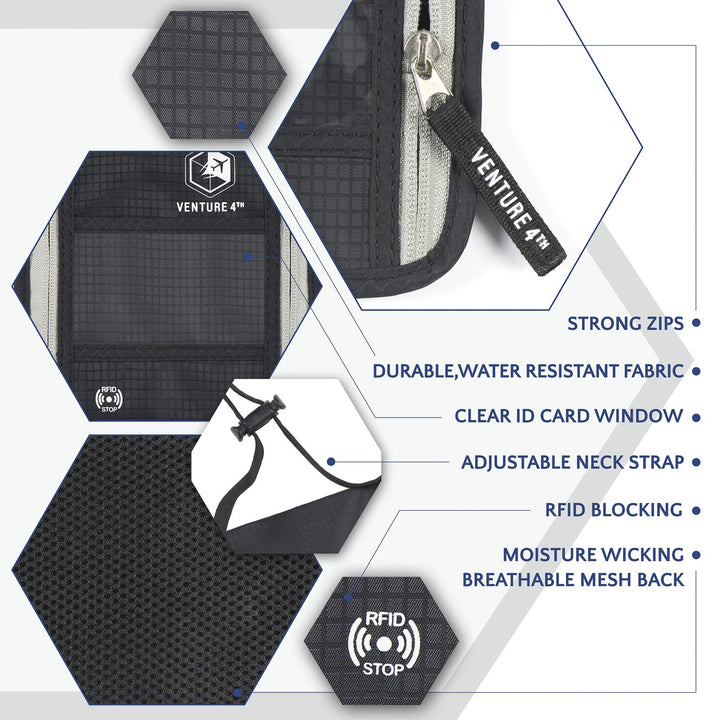 Passport Holder Neck Wallet with RFID Blocking Nylon Lining - Hidden Neck Pouch for Travel (Black)