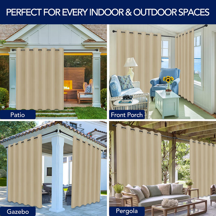 Outdoor Curtains for Patio Waterproof Weatherproof, UV and Fade Resistant Outside Curtains for Gazebo, Front Porch, Pergola, Sun Blocking Privacy Curtain, 100W x 84L inch, 1 Panel, Beige