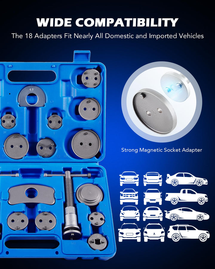 24pcs Heavy Duty Disc Brake Piston Caliper Compressor Rewind Tool Set and Wind Back Tool Kit for Brake Pad Replacement Reset, Fits Most American, European, Japanese Autos