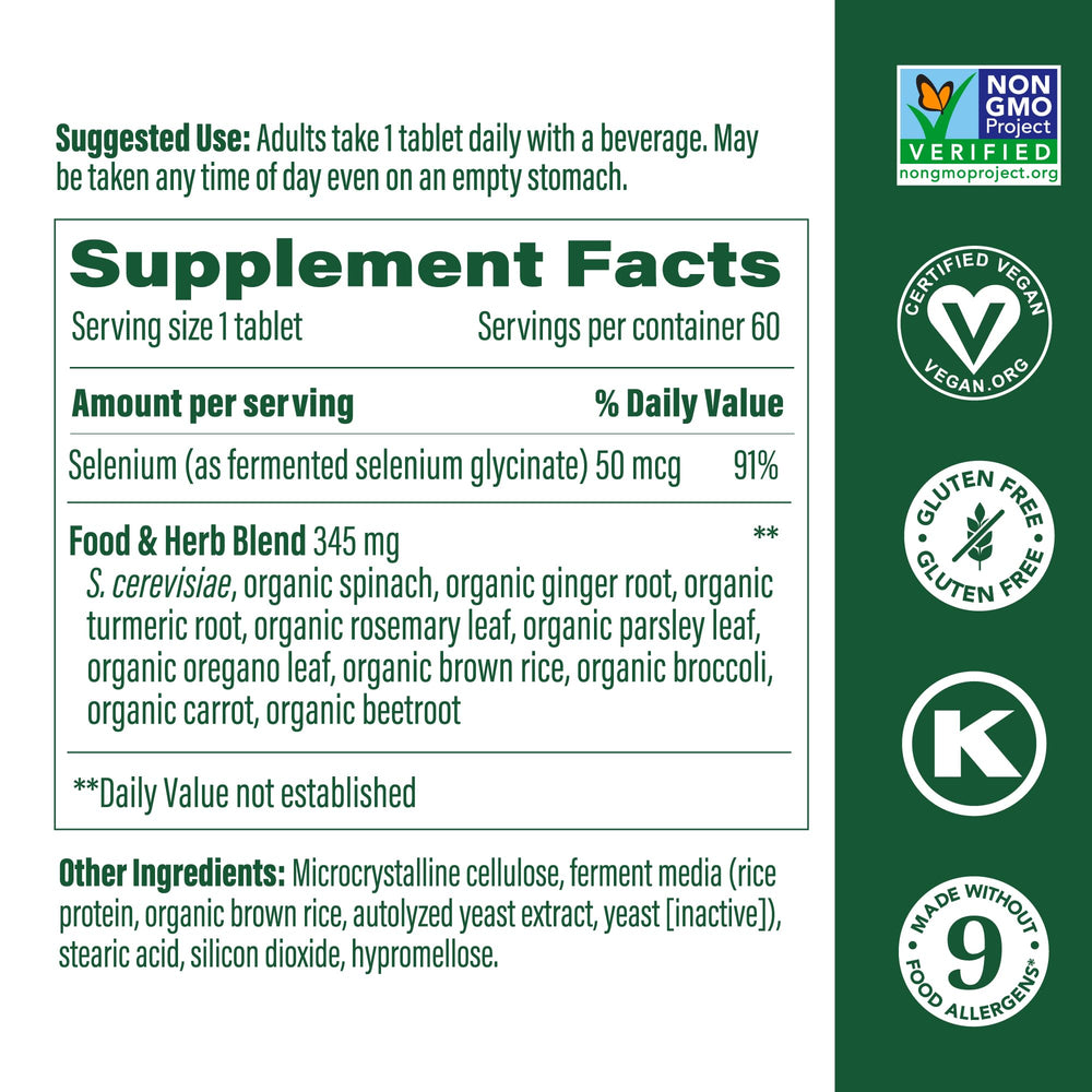 Selenium - Selenium 50 mcg - Supplement with Food & Herb Blend - Immune Support - Vegan, Non-GMO - Made Without 9 Food Allergens - 60 Tablets (60 Servings)