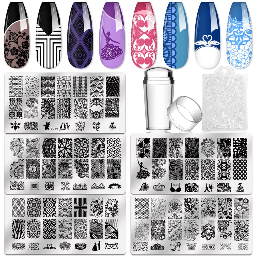 5pcs Nail Stamping Plates + 1 Stamper + 1 Scraper Lace Flower Animal Pattern Nail Art Stamp Stamping Template Image Plate Nail Art Stamper Scraper Nails Tool