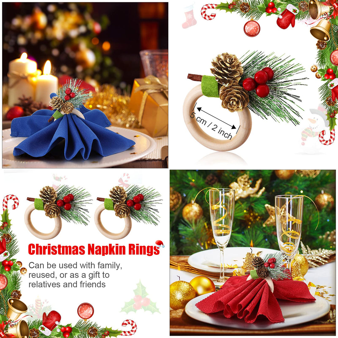 12 Pieces Christmas Napkin Rings Holder Pine Cones Poinsettia Pumpkin Wooden Napkin Rings Decor for Christmas Thanksgiving Birthday Party Supplies (Rustic Style)