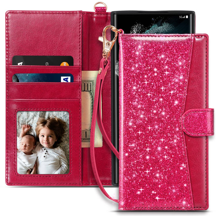 Wallet Case Compatible Galaxy S22 Ultra Flip Folio Cover with Card Slots Kisckstand Wrist Strap Girls Women Glitter PU Leather Compatible with Samsung Galaxy S22 Ultra Glitter Rose Red